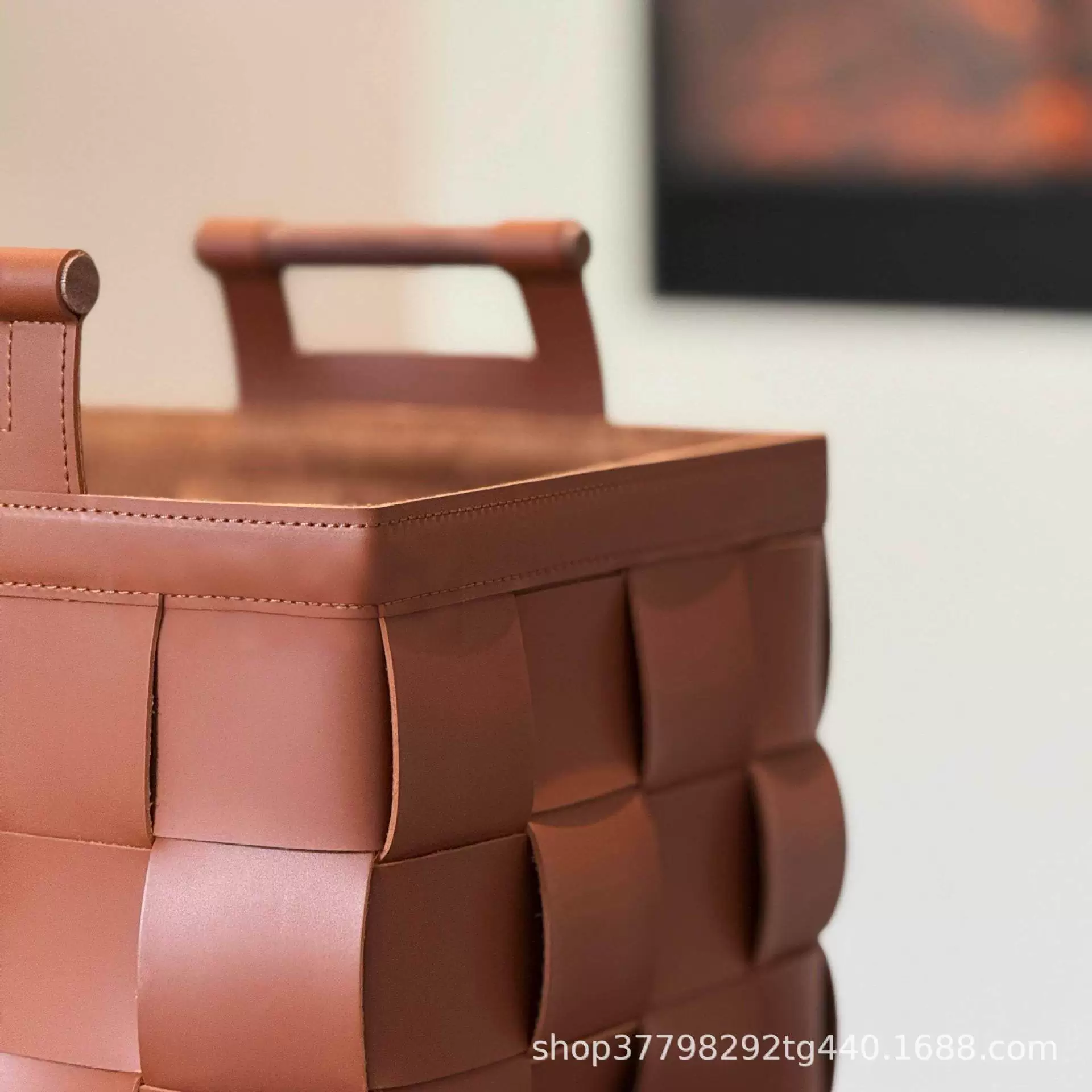 Handwoven Faux Leather Storage Basket - Image 3