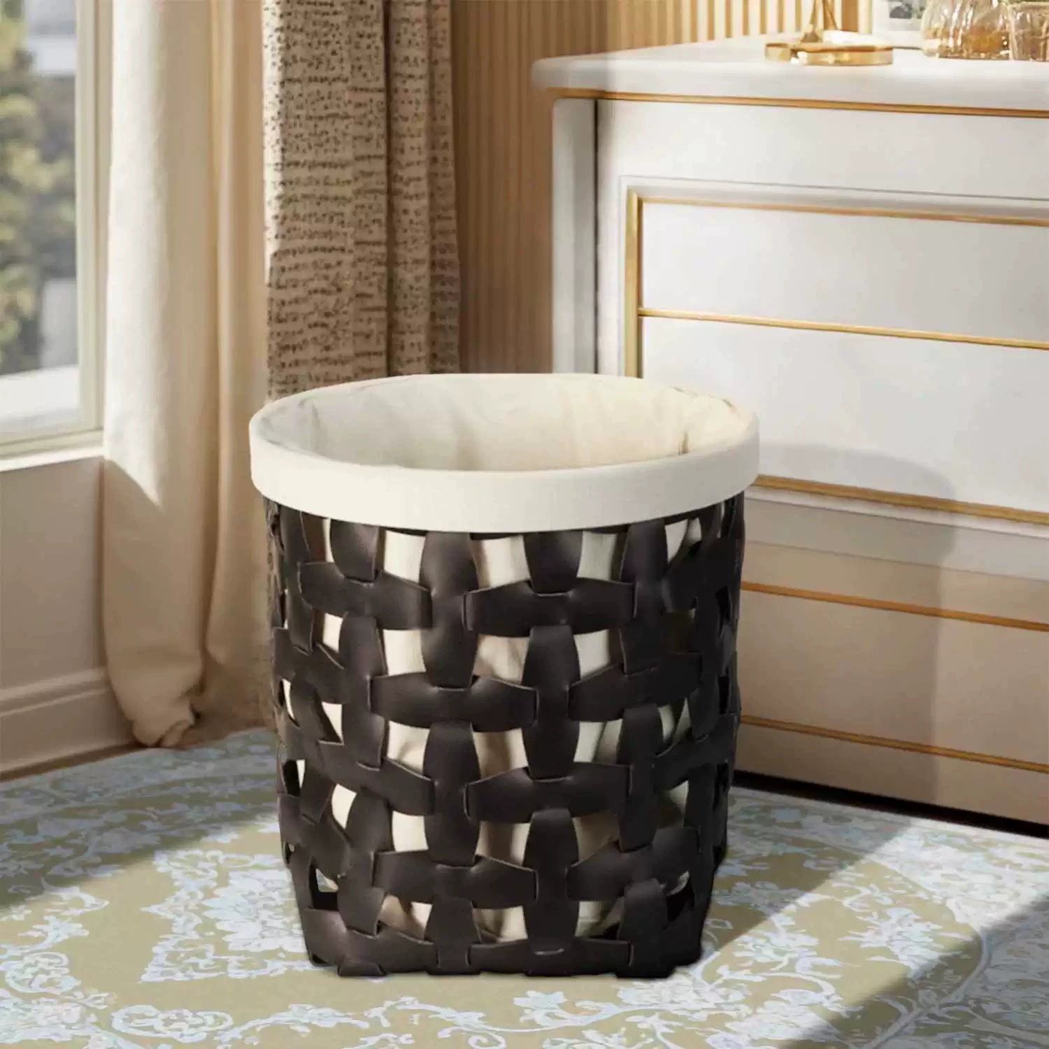Woven Faux Leather Laundry Basket