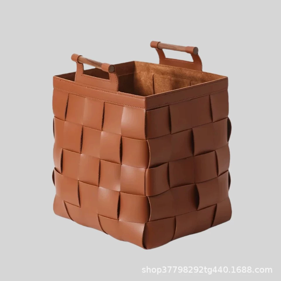 Handwoven Faux Leather Storage Basket - Image 2