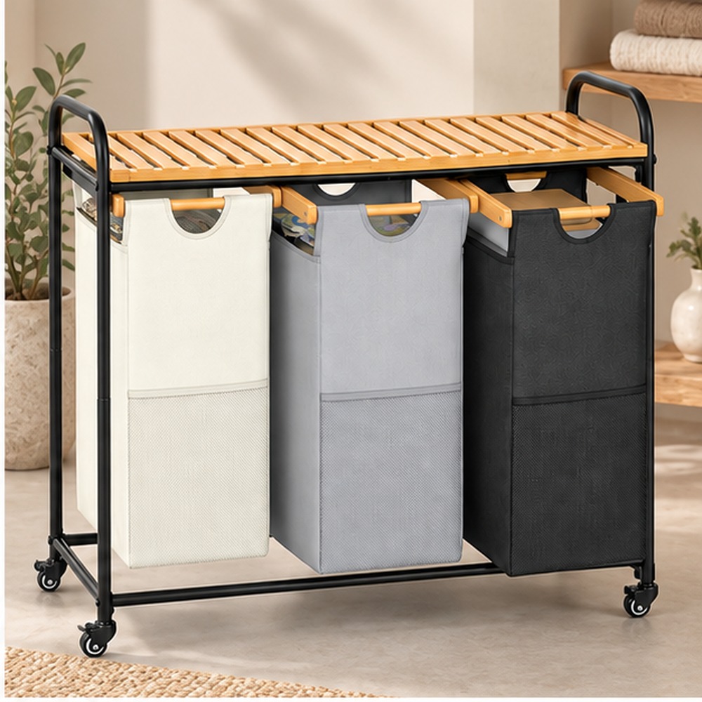 Three-Drawer Bamboo Laundry Sorter lifestyle view