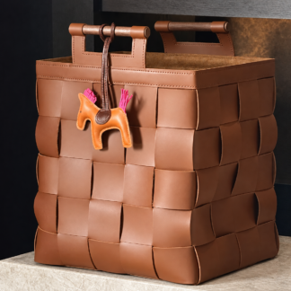 Handwoven faux leather storage basket